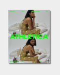 Magazine sport, couverture avec femme en robe dorée sur un canapé, lettrage vert